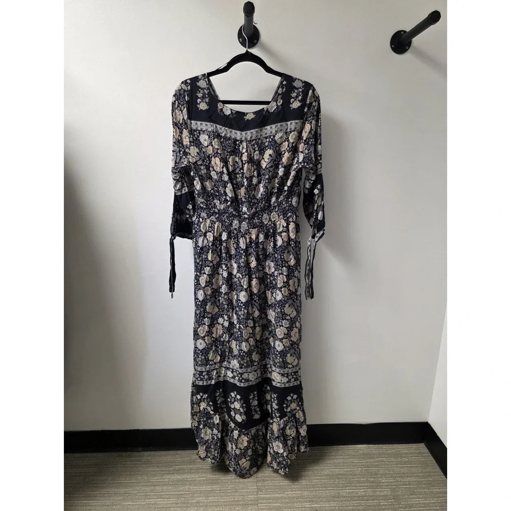 Papillon Boho Floral Maxi Dress Women's L–100% Viscose, Tie-Sleeve, V-Neck,‎ NWT - Picture 9 of 9